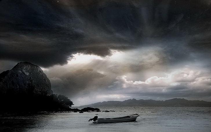 gray boat, sea, sky, evening, nautical Vessel, nature, landscape, HD wallpaper