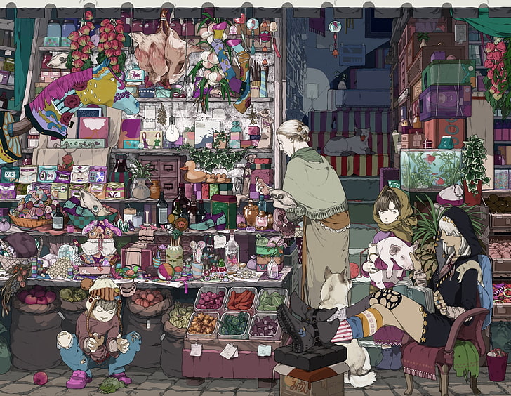 multicolored shop wallpaper, anime, colorful, detailed, markets