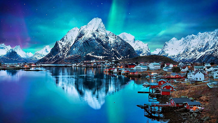 adventure, night lights, lofoten islands, snow, stars, night sky, HD wallpaper
