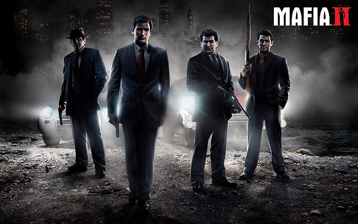 Mafia II wallpaper, mafia 2, gun, car, smoke, night, men, people