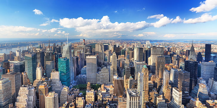 summer, the city, building, New York, blur, Manhattan, skyscrapers, HD wallpaper