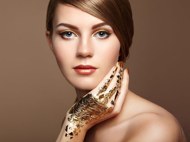 face, model, simple background, gold, women, portrait, painted nails, HD wallpaper