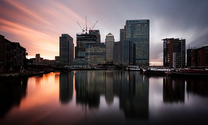 London, England, sunset, twilight, uk, canary wharf, HD wallpaper
