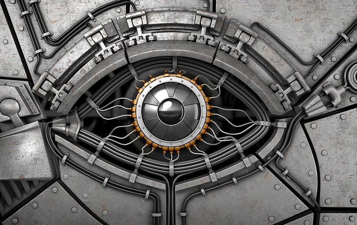 gray robot eye wallpaper, look, metal, abstraction, eyes, background