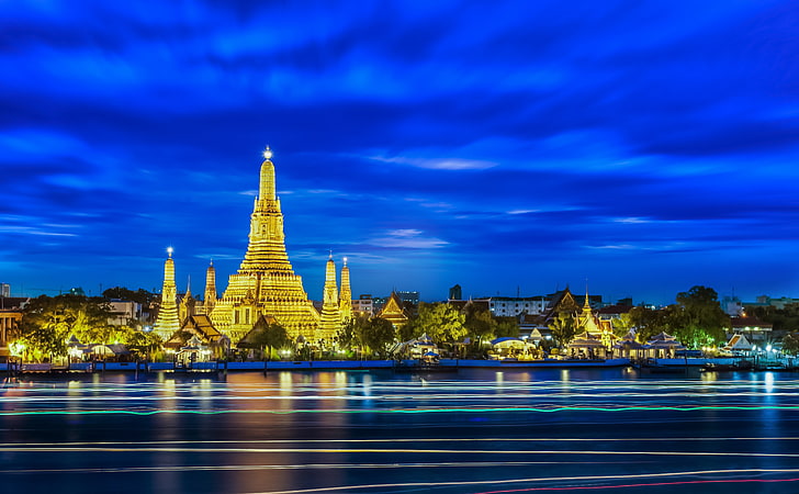 beige temple, Thailand, city, cityscape, long exposure, Bangkok