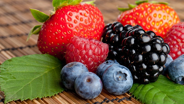 berries, fruit, strawberries, raspberries, blueberries, closeup, HD wallpaper