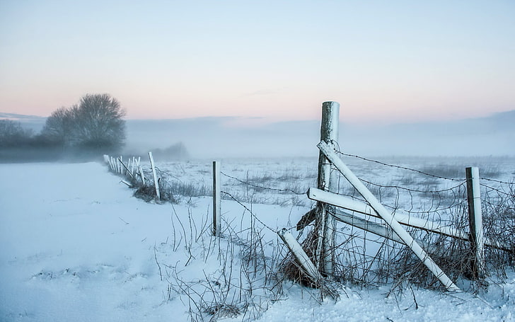 black and gray fence, landscape, snow, winter, cold temperature, HD wallpaper