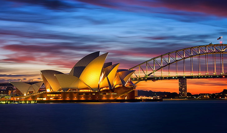 Sydney Opera House, Australia, sea, the sky, clouds, sunset, orange, HD wallpaper