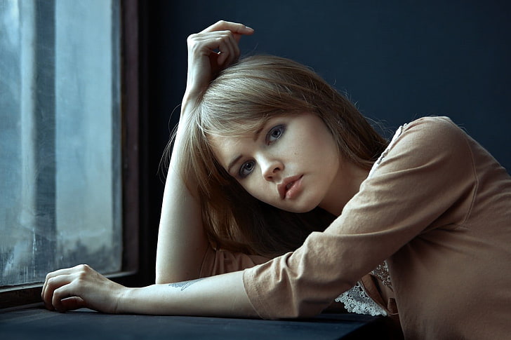 woman wearing brown long-sleeved top, Anastasia Scheglova, women, HD wallpaper