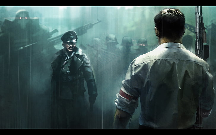 game digital wallpaper, Nazi, Adolf Hitler, rear view, two people