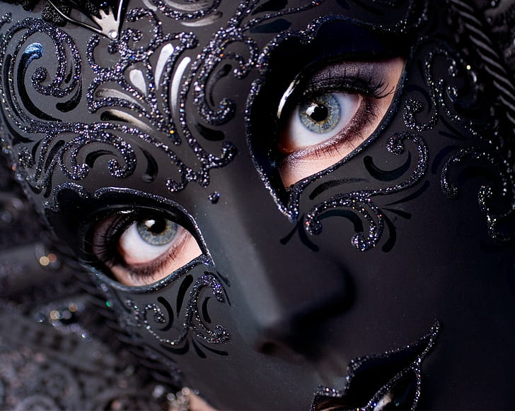 black, women, blue eyes, venetian masks, HD wallpaper