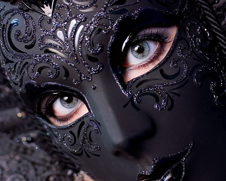 black full-face masquerade mask, blue eyes, venetian masks, women