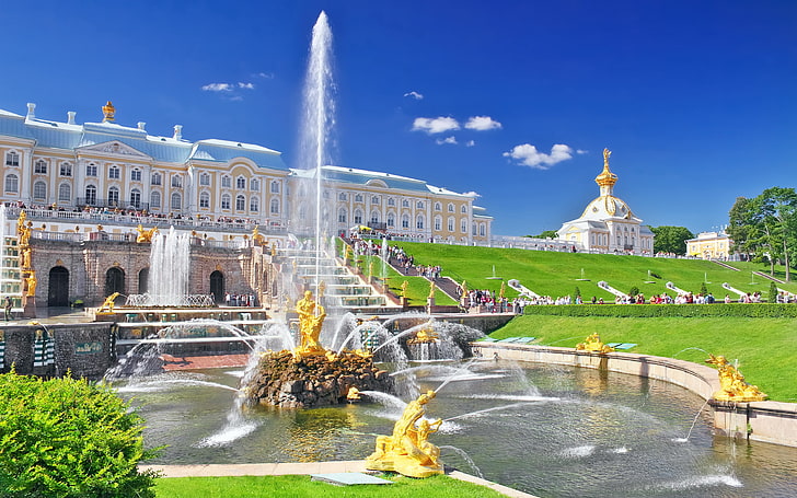 white and gray concrete palace, summer, Saint Petersburg, fountain