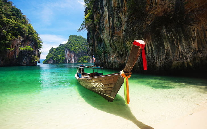Andaman Sea Thailand, beach, rocks, boat, HD wallpaper