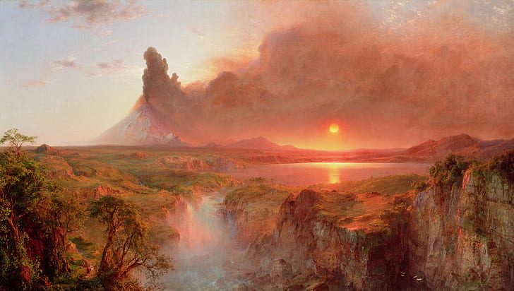 the sun, trees, landscape, lake, stones, rocks, smoke, figure