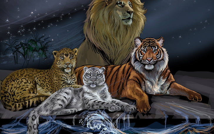 tiger and lion painting, trees, waves, artwork, digital art, leopard