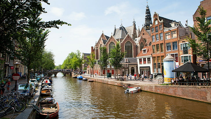 canal, oude kerk, amsterdam, europe, netherlands, boats, street, HD wallpaper