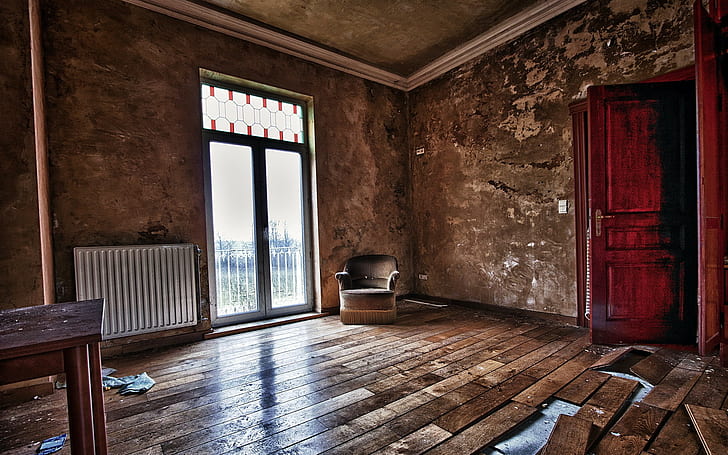 architecture, interior, abandoned, wooden surface, dirt, wooden floor