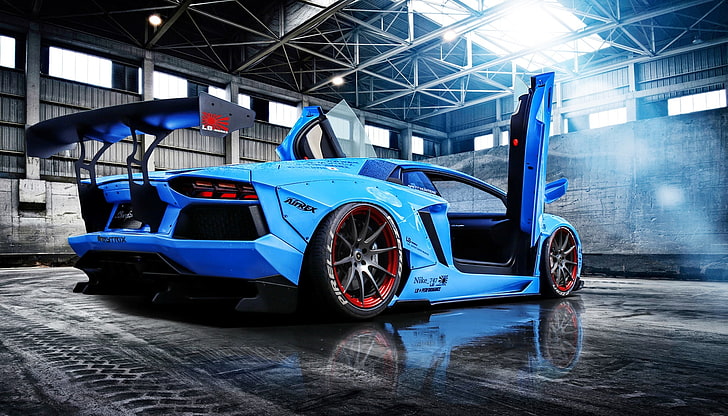 HD wallpaper: Lamborghini Aventador blue supercar, water splash