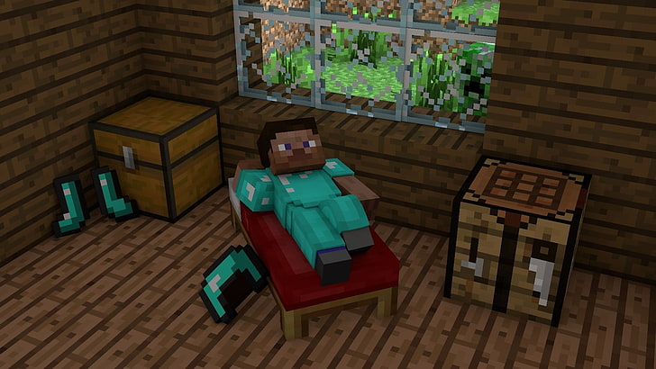 Minecraft game scene, man lying on bed Minecraft application screenshot