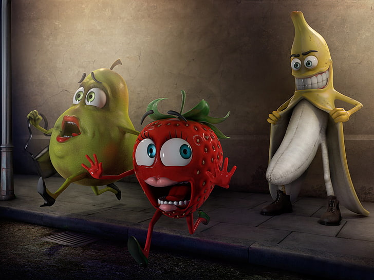 Banana Flasher, three fruit characters wallpaper, Funny, red
