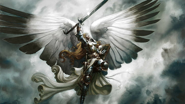 wings, armor, angel, Magic: The Gathering, fantasy art, sword, HD wallpaper
