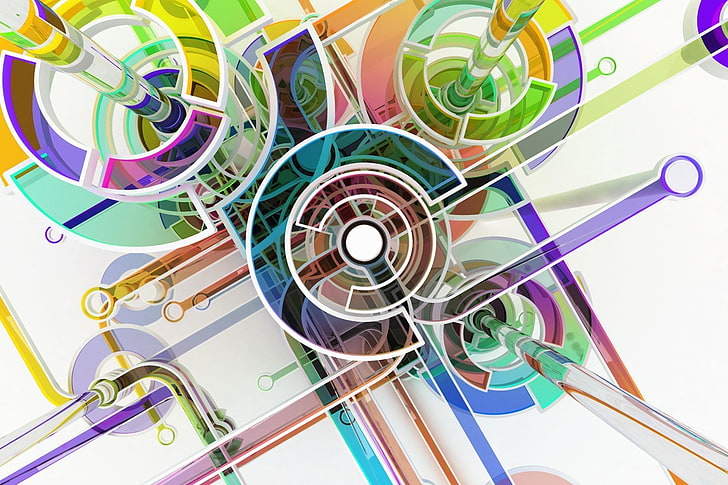 digital art, abstract, circle, colorful, 3D, lines, white background