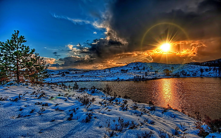 invierno, lago, naturaleza, nieve, sol, HD wallpaper