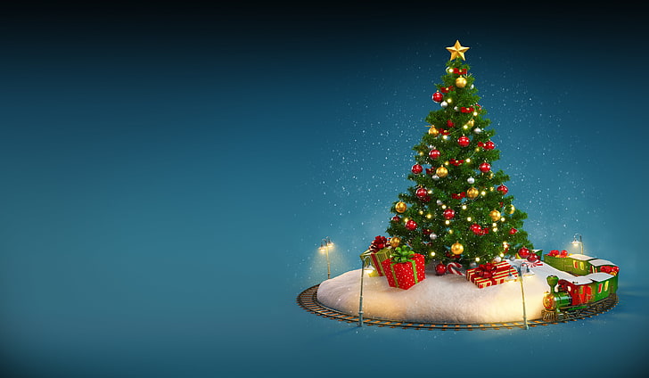 green Christmas tree, New Year, winter, snow, merry christmas, HD wallpaper