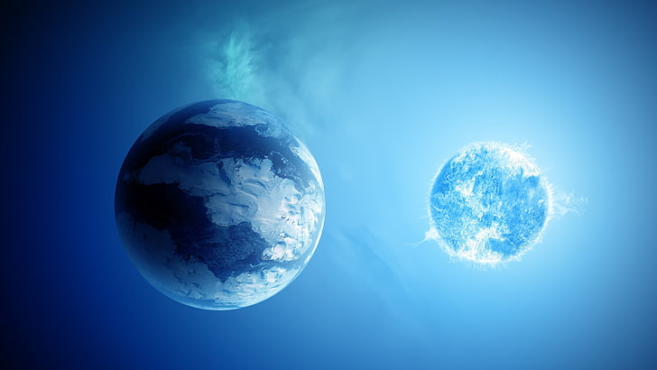 artwork of two planets, space, sphere, blue, globe - man made object, HD wallpaper