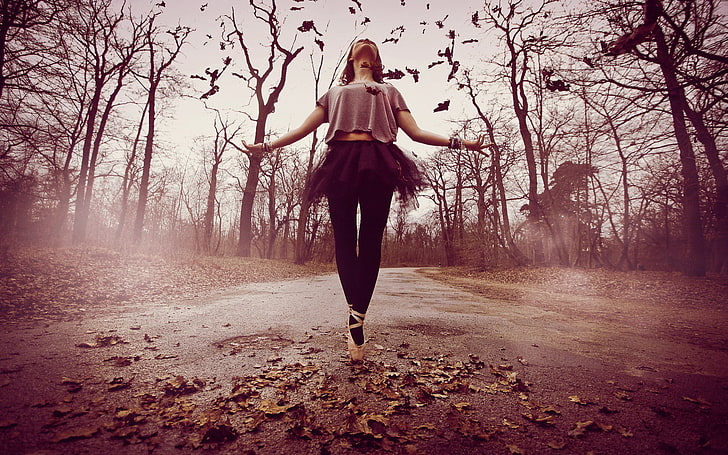 women, dancer, road, fallen leaves, trees, one person, full length