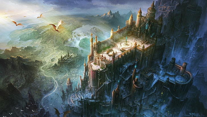 aerial view photo of castle wallpaper, dragon, water, no people