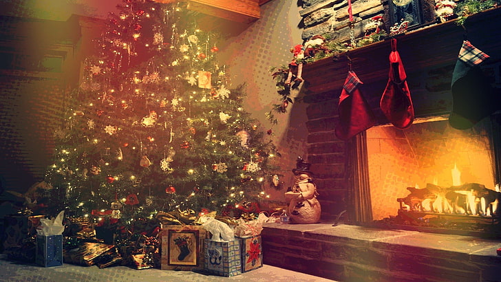 green Christmas tree, trees, fireplace, lights, toys, decoration, HD wallpaper