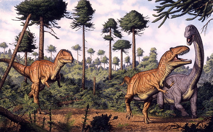 three yellow and blue dinosaurs illustration, drawing, Brachiosaurus