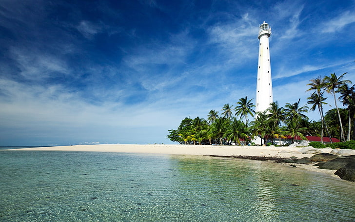 white lighthouse, palm trees, coast, Indonesia, Belitung Island, HD wallpaper