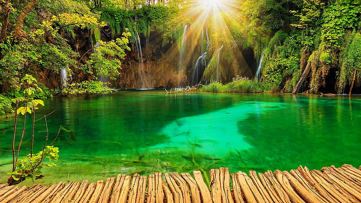 lake, waterfall, plitvice lakes national park, croatia, sun, HD wallpaper