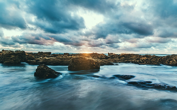 stone formation, nature, water, Sun, clouds, stones, sunset, sea