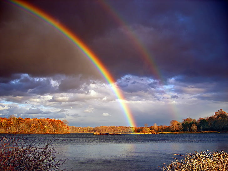 rainbow over body of water, Double, Bows, Pennsylvania, Northampton County, HD wallpaper