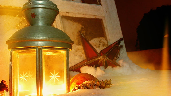 green lantern candle holder, lights, New Year, Christmas, snow, HD wallpaper