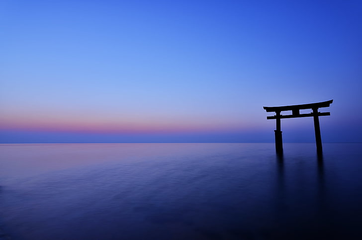 gray arc, Japan, Asian architecture, gates, blue, horizon, night