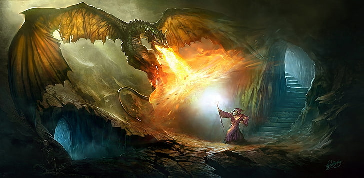 dragon illustration, fire, magic, ladder, skeleton, steps, staff, HD wallpaper