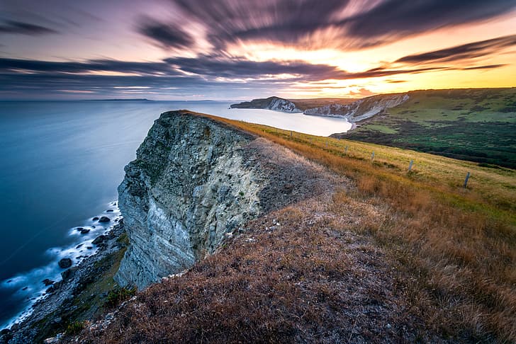 long exposure, Jurassic sunset, Gad Cliff, Dorset coast, HD wallpaper