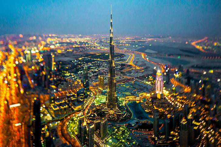 city  photography  colorful  motion blur  United Arab Emirates  Dubai  lights  aerial view  tilt shift  city lights  bokeh  cityscape  Burj Khalifa  birds eye view  night  skyscraper, HD wallpaper