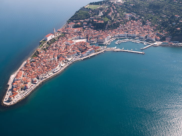 Slovenia, Piran, peninsula, buildings, dock, top view, sea