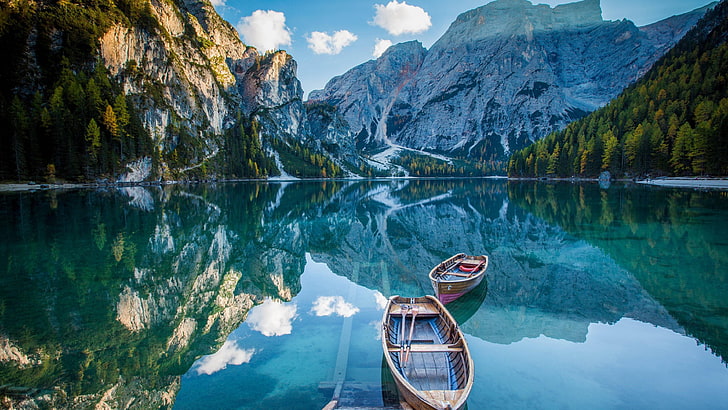lake, deck, boat, mountains, mirror, reflection, pragser wildsee, HD wallpaper