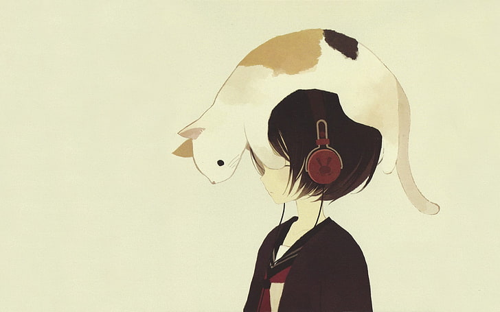cat on anime character with black hair and headphones, anime girls