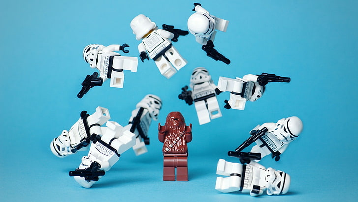 Star Wars Stormtroopers minifigs, humor, Chewbacca, LEGO, cyan, HD wallpaper