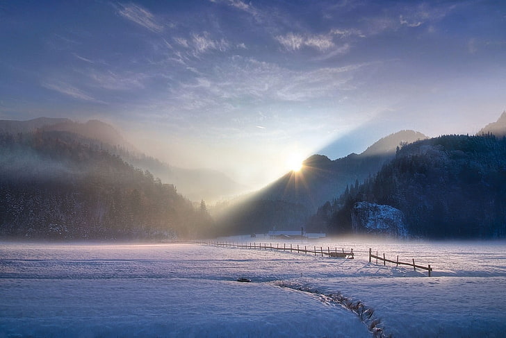 snowfield near mountain range under golden hour, landscape, nature, HD wallpaper