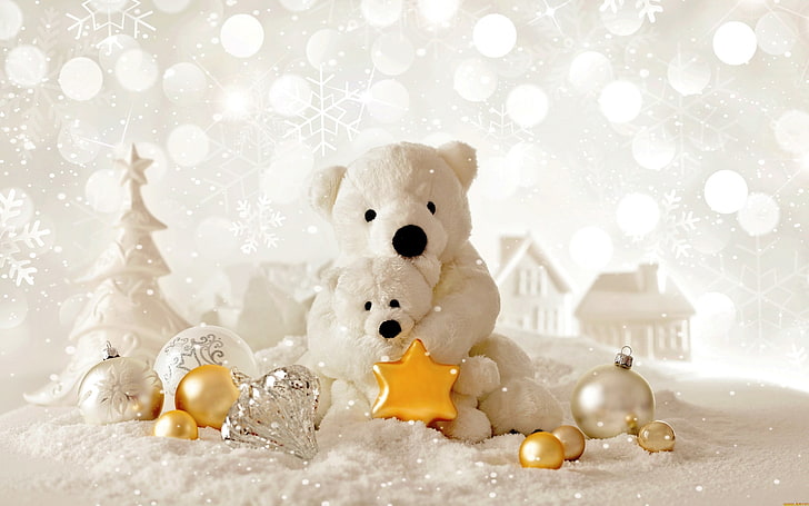 white bear plush toys, teddy bears, Christmas, Christmas ornaments