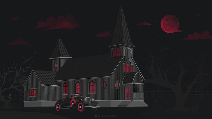 antographics, Blood moon, Moon Castle, house, forest, trees
